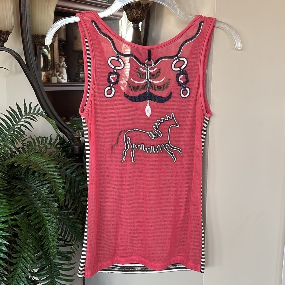 Save The Queen! V-Neck Tank Top Striped Embroidered Horse Beaded Mesh Back Italy - Picture 7 of 14